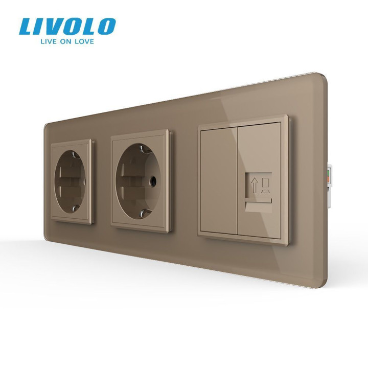 Розетка тримісна комбінована Силова Інтернет LIVOLO золота 2.5D скло · LIVOLO · VL-C7FCTC16A/FCCP/FCMB-6AS05