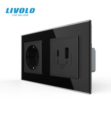 Розетка LIVOLO з USB-A та USB-C, Power Delivery 36W, чорна, настінна дизайнерська, скляна рамка