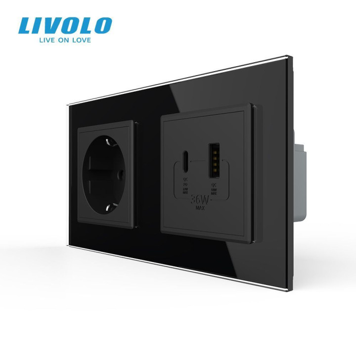 Розетка LIVOLO з USB-A та USB-C, Power Delivery 36W, чорна, настінна дизайнерська, скляна рамка · LIVOLO · VL-C7FCTC16A/FCUA18W.UC18W-4BP