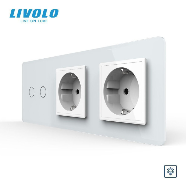 Сенсорний диммер 2 сенсори 2 розетки LIVOLO білий 2.5D скло · LIVOLO · VL-C7FC2D2/FCTC16A/FCTC16A-6WS05