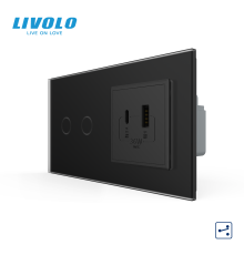 Сенсорний (дотиковий) прохідний подвійний вимикач LIVOLO з розеткою USB-A + USB-C 36 Вт чорний матовый скляна рамка