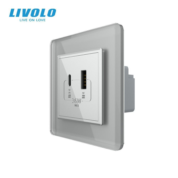 Розетка USB-A та USB-C з Power Delivery 36W LIVOLO сіра 2.5D скло · LIVOLO · VL-C7FCUA18W.UC18W-2IS05