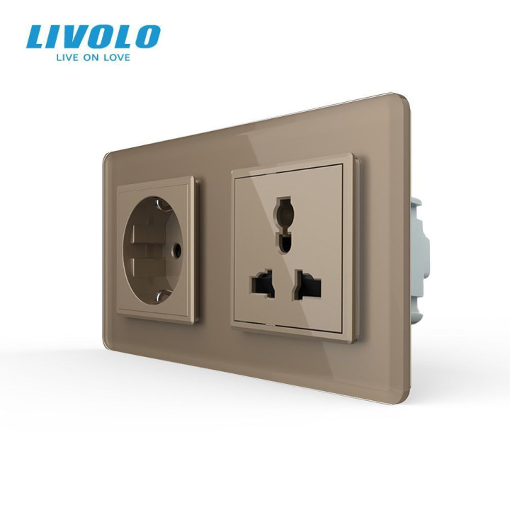 Розетка двомісна силова і універсальна LIVOLO золота 2.5D скло · LIVOLO · VL-C7FCTC16A/FCT22-4AS05