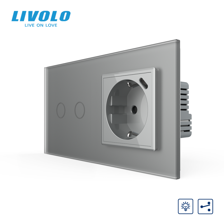 Прохідний сенсорний димер LIVOLO на 2 сенсори з розеткою та USB Type-C 18Вт, сірий матовый, заземлення · LIVOLO · VL-C7FC2SD/FCTF16A.UC18W-4IS06