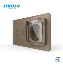 Сенсорний подвійний прохідний вимикач LIVOLO з розеткою IP44 кришка золотий 2.5D із заземленням скло