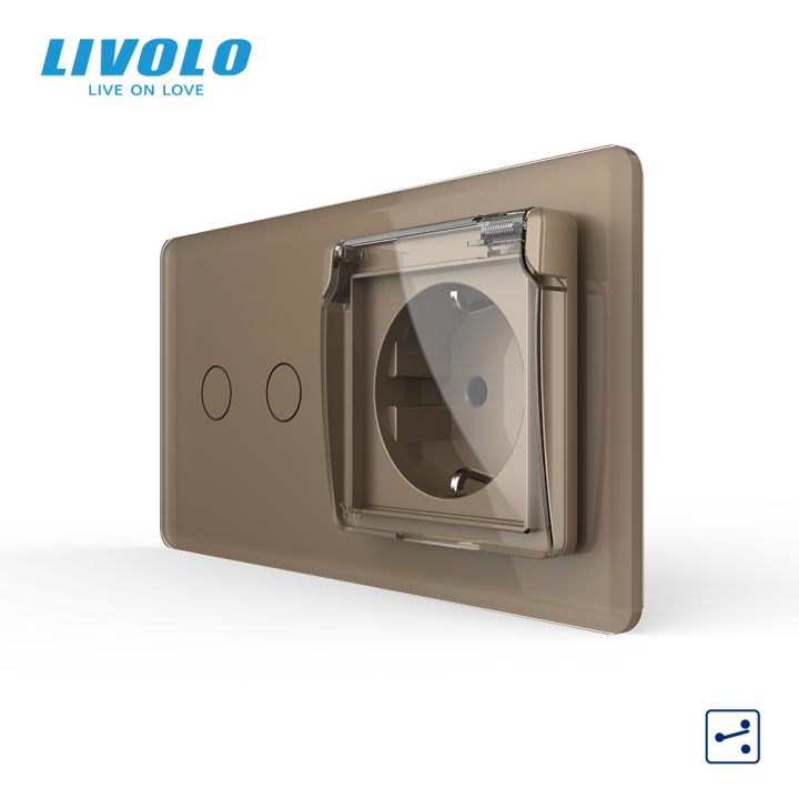 Сенсорний подвійний прохідний вимикач LIVOLO з розеткою IP44 кришка золотий 2.5D із заземленням скло · LIVOLO · VL-C7FC2S/FCTC16A/XW001-4AS05