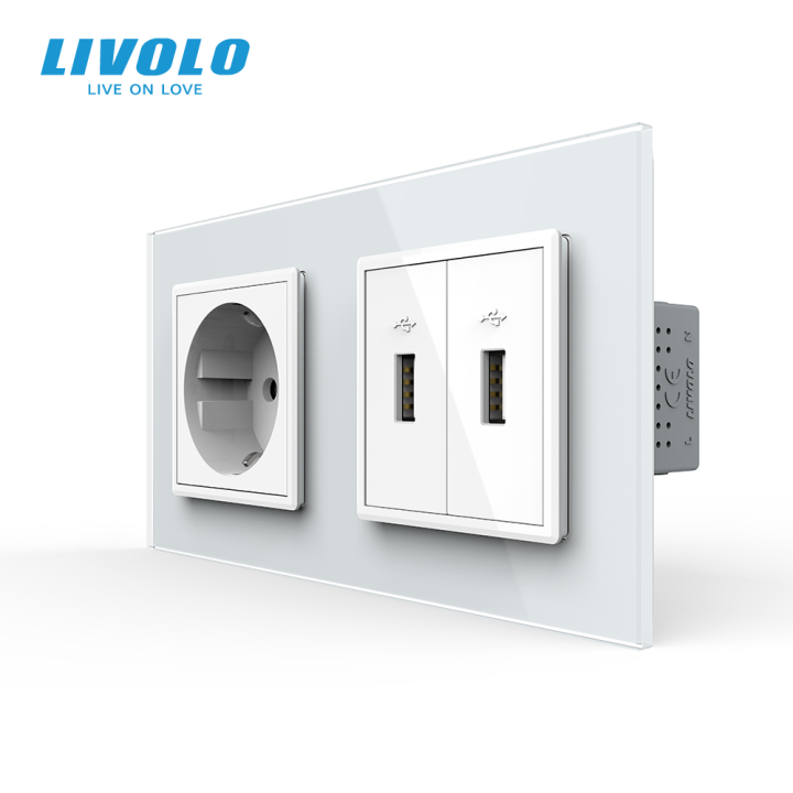 Розетка з заземленням з 2 USB розетками Livolo білий скло (VL-C7C1EU2USB-11) · LIVOLO · VL-C7C1EU2USB-11