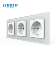 Потрійна електрична розетка з заземленням LIVOLO, біла, скляна матова рамка, шторки, 250В 16А