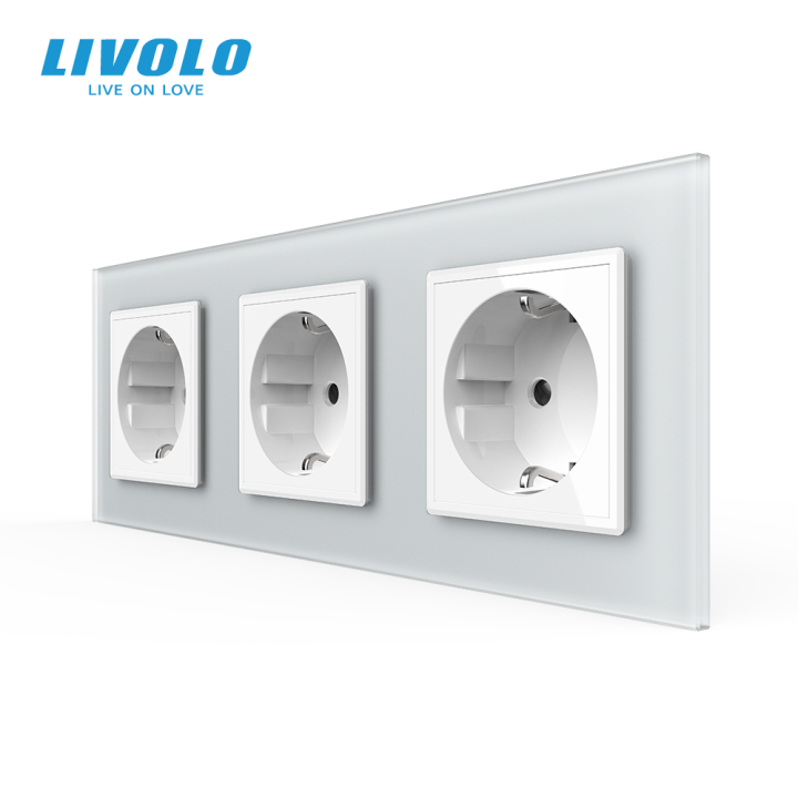Потрійна електрична розетка з заземленням LIVOLO, біла, скляна матова рамка, шторки, 250В 16А · LIVOLO · VL-C7FCTC16A-6WS06