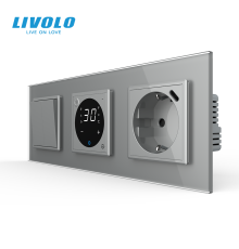 Терморегулятор для теплої підлоги LIVOLO з 2-клавішним вимикачем і розеткою USB Type-C 18Вт, сірий, скло
