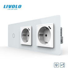 Прохідний сенсорний димер LIVOLO з двома розетками з USB Type-C 18Вт, білий 2.5D, скло, 16A 230V, заземлення