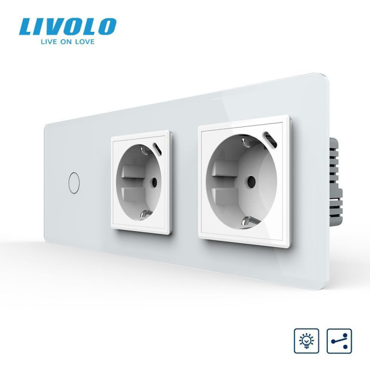 Прохідний сенсорний димер LIVOLO з двома розетками з USB Type-C 18Вт, білий 2.5D, скло, 16A 230V, заземлення · LIVOLO · VL-C7FC1SD/FCTF16A.UC18W/FCTF16A.UC18W-6WS05