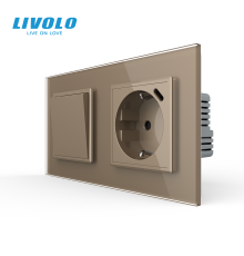 Вимикач без фіксації LIVOLO з розеткою та USB Type-C 18Вт, золото, скло, із заземленням і захисними шторками