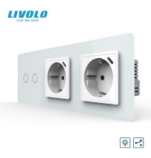 Прохідний подвійний сенсорний димер LIVOLO з двома розетками з USB Type-C 18Вт, заземлення, білий 2.5D, скло