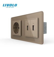 Розетка з заземленням з 2 USB розетками LIVOLO золота 2.5D скло