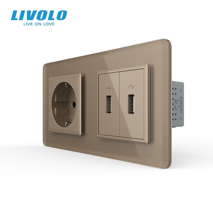 Розетка з заземленням з 2 USB розетками LIVOLO золота 2.5D скло · LIVOLO · VL-C7FCTC16A/FCUA/FCUA-4AS05