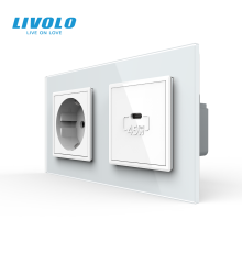 Розетка LIVOLO з USB-C Power Delivery 45Вт, біла, настінна дизайнерська, скляна рамка