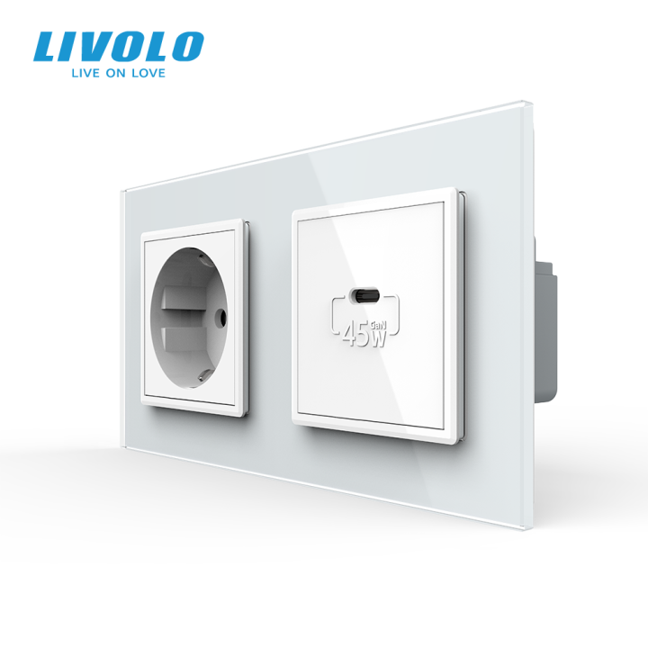 Розетка LIVOLO з USB-C Power Delivery 45Вт, біла, настінна дизайнерська, скляна рамка · LIVOLO · VL-C7FCTC16A/FCUC-4WP