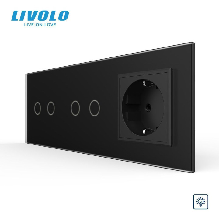 Сенсорний димер LIVOLO 4 сенсори (2-2) з розеткою, чорний матовый, скло, 16A 230V, із заземленням, захисні шторки · LIVOLO · VL-C7FC2D/FC2D/FCTC16A-6BS06