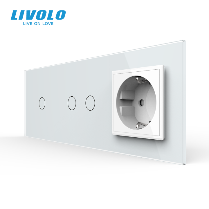 Сенсорний вимикач 3 сенсора (1-2) 1 розетка Livolo білий скло (VL-C701/C702/C7C1EU-11) · LIVOLO · VL-C7FC1/FC2/FCTC16A-6WP