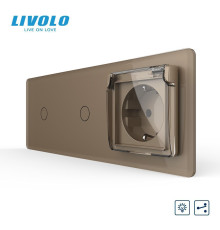 Прохідний сенсорний димер LIVOLO 2 сенсори (1-1) з розеткою IP44, кришка, 16A 230V, заземлення, золотий 2.5D скло