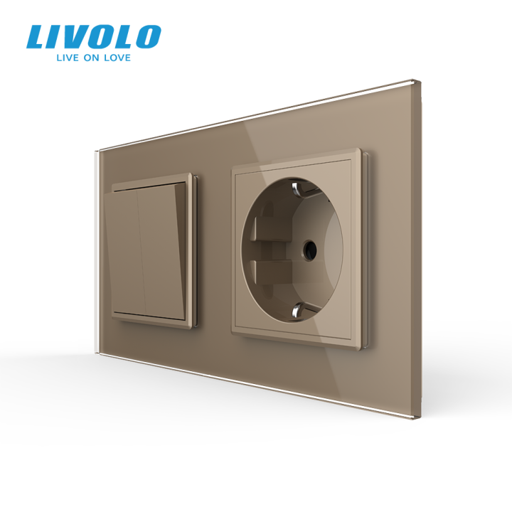 Двоклавішний вимикач з розеткою Livolo золотий скло (VL-C7C1EUK2-13) · LIVOLO · VL-C7FCMKS1/FCTC16A-4AP
