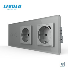 Подвійний сенсорний димер LIVOLO з розеткою та розеткою з USB Type-C 18Вт, заземлення, сірий 2.5D, скло, 16A 230V