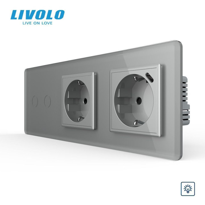 Подвійний сенсорний димер LIVOLO з розеткою та розеткою з USB Type-C 18Вт, заземлення, сірий 2.5D, скло, 16A 230V · LIVOLO · VL-C7FC2D/FCTC16A/FCTF16A.UC18W-6IS05