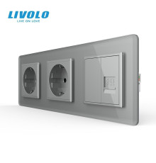Розетка тримісна комбінована Силова Інтернет LIVOLO сіра 2.5D скло