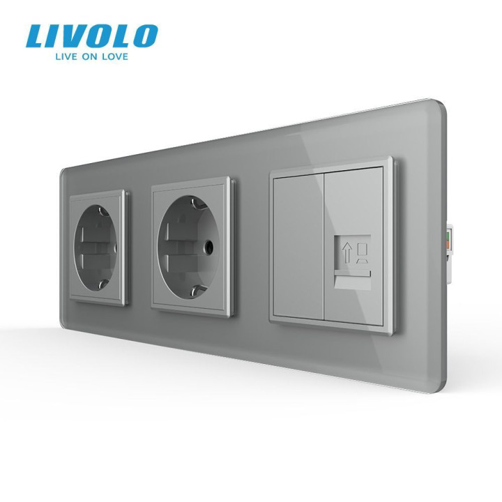 Розетка тримісна комбінована Силова Інтернет LIVOLO сіра 2.5D скло · LIVOLO · VL-C7FCTC16A/FCCP/FCMB-6IS05