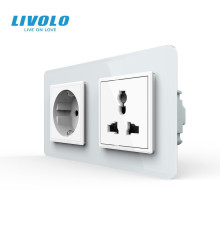 Розетка двомісна силова і універсальна LIVOLO біла 2.5D скло