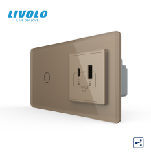 Сенсорний (дотиковий) прохідний вимикач LIVOLO з розеткою USB-A + USB-C 36Вт золотий 2.5D скляна рамка