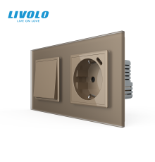 Перехресний вимикач LIVOLO з розеткою та USB Type-C 18Вт, золотий матовый, скло, із заземленням і захисними шторками