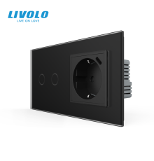 Сенсорний (дотиковий) подвійний вимикач LIVOLO з USB Type-C 18 Вт чорний матовый 16 А 230 В із заземленням шторки скло
