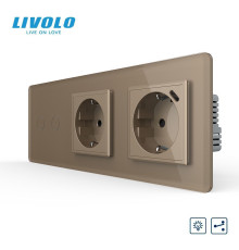 Прохідний подвійний сенсорний димер LIVOLO з розеткою та розеткою з USB Type-C 18Вт, заземлення, золотий 2.5D, скло