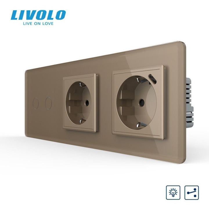 Прохідний подвійний сенсорний димер LIVOLO з розеткою та розеткою з USB Type-C 18Вт, заземлення, золотий 2.5D, скло · LIVOLO · VL-C7FC2SD/FCTC16A/FCTF16A.UC18W-6AS05