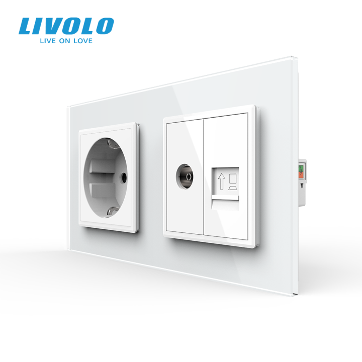 Розетка двомісна комбінована Силова Інтернет ТБ Livolo білий скло (VL-C7C1EU1V1C-11) · LIVOLO · VL-C7FCTC16A/FCCP/FCTV-4WP
