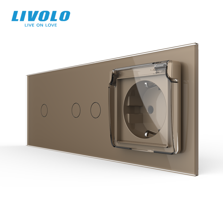 Прохідний сенсорний димер LIVOLO 3 сенсори (1-2) з розеткою IP44, кришка, золото скло, 16A 230V, заземлення · LIVOLO · VL-C7FC1SD/FC2SD/FCTC16A/XW001-6AP