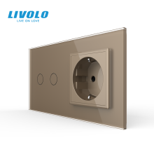 Сенсорний прохідний димер з розеткою LIVOLO 2-сенсорний 16А 230В із заземленням, шторки, золото, скло