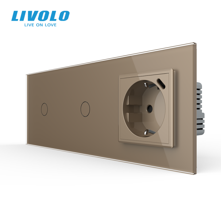 Прохідний сенсорний димер LIVOLO 2 сенсори (1-1) з розеткою з USB Type-C 18Вт, золото скло, заземлення · LIVOLO · VL-C7FC1SD/FC1SD/FCTF16A.UC18W-6AP