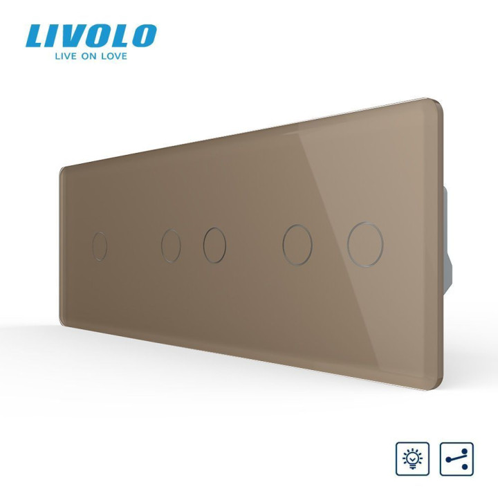 Сенсорний прохідний димер LIVOLO 5 сенсорів (1-2-2), золотий 2.5D, скло, 2A 230V · LIVOLO · VL-C7FC1SD/FC2SD/FC2SD-6AS05