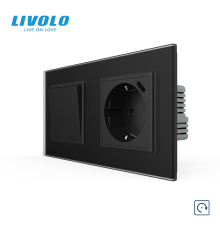 Подвійний вимикач без фіксації LIVOLO з розеткою та USB Type-C 18Вт, чорний матовый, скло, заземлення