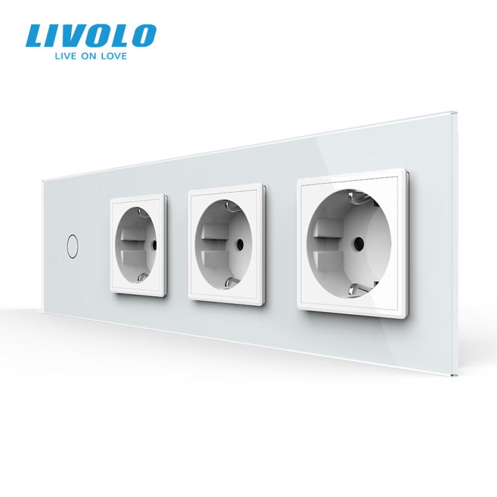Сенсорний вимикач 1 сенсор 3 розетки Livolo білий скло (VL-C701/C7C3EU-11) · LIVOLO · VL-C701/C7C3EU-11