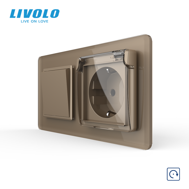 Вимикач без фіксації з розеткою кришка IP44 LIVOLO золотий 2.5D скло, 16А 230В, із заземленням, захисні шторки · LIVOLO · VL-C7FCMH2/FCTC16A/XW001-4AS05