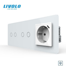 Сенсорний димер LIVOLO 4 сенсори (2-2) з розеткою з USB Type-C 18Вт, білий 2.5D скло, 16A 230V, заземлення