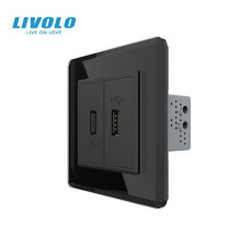 Розетка подвійна USB з блоком живлення LIVOLO чорна 2.5D скло