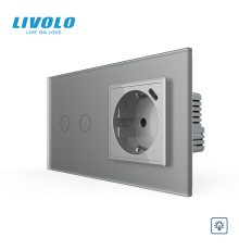 Сенсорний димер LIVOLO на 2 сенсори з розеткою та USB Type-C 18Вт, сірий матовый, розетка 16А 230В із заземленням