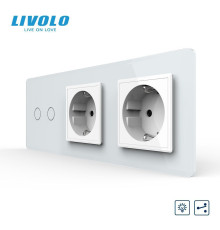 Сенсорний прохідний димер LIVOLO 2 сенсори з 2 розетками, білий 2.5D, скло, 2A 230V