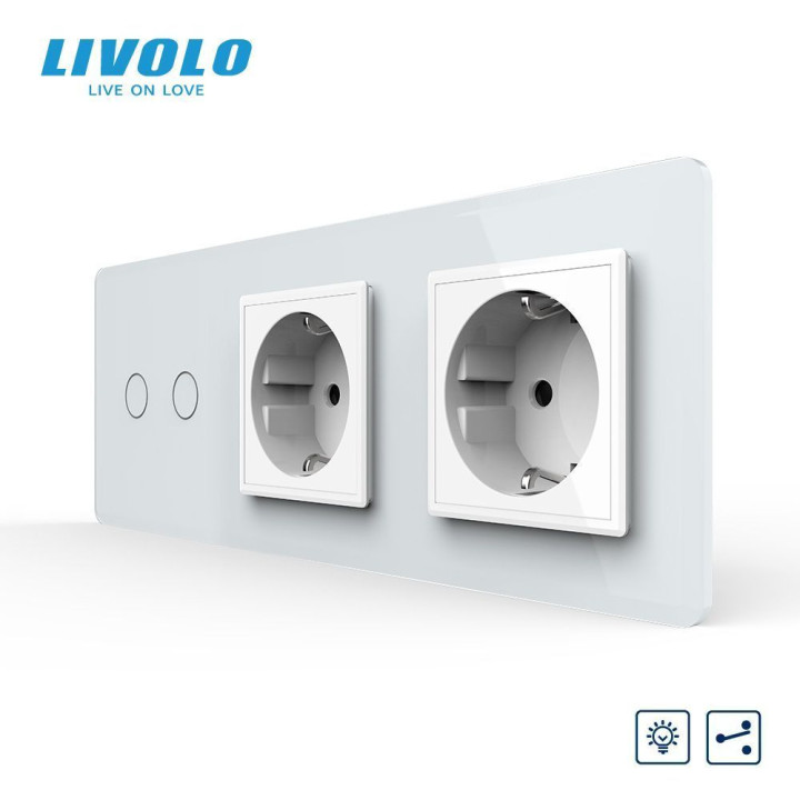Сенсорний прохідний димер LIVOLO 2 сенсори з 2 розетками, білий 2.5D, скло, 2A 230V · LIVOLO · VL-C7FC2SD/FCTC16A/FCTC16A-6WS05
