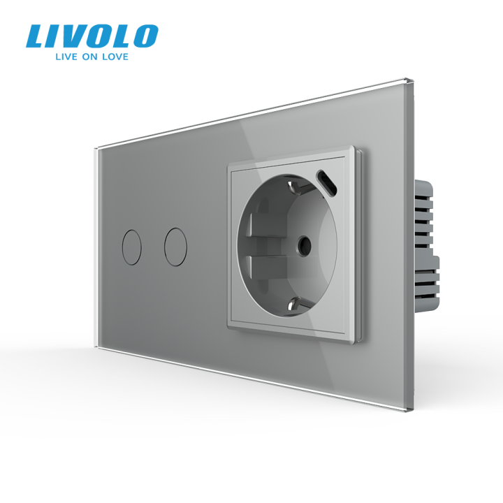 Сенсорний подвійний прохідний вимикач LIVOLO з розеткою та USB Type-C 18Вт, сірий, скло, із заземленням · LIVOLO · VL-C7FC2S/FCTF16A.UC18W-4IP